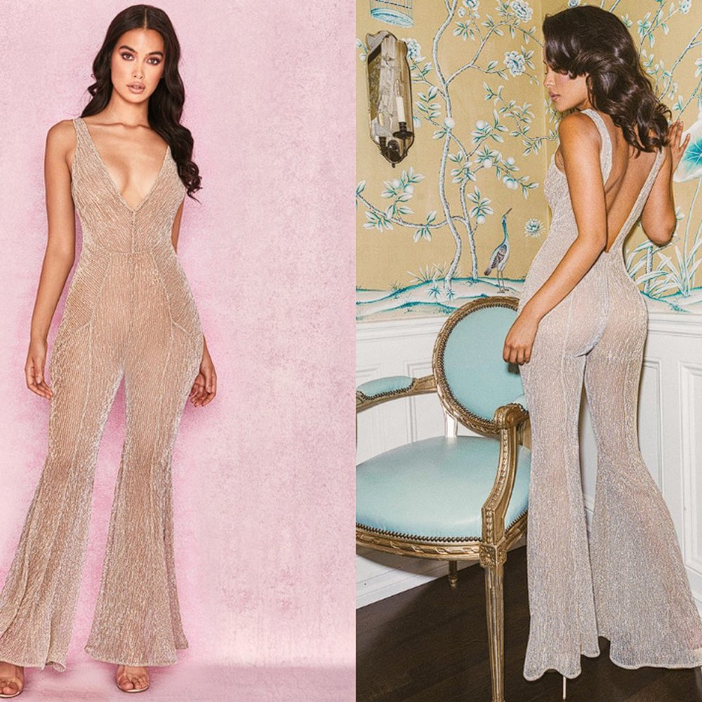 HOUSE OF CB 'Fallon' Champagne Lurex Kickflare Jumpsuit NWOT
